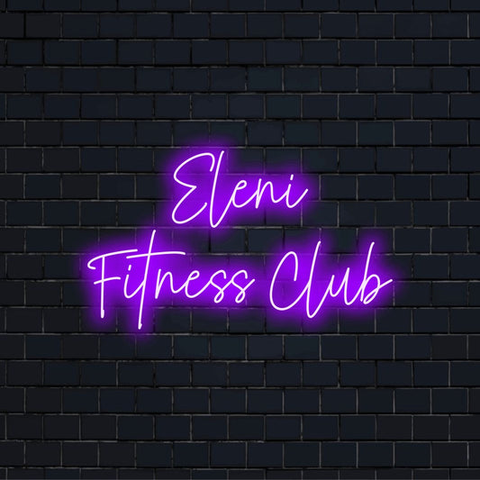 Eleni Fitness Club Custom Name Neon Sign, bright neon lettering against black brick wall
