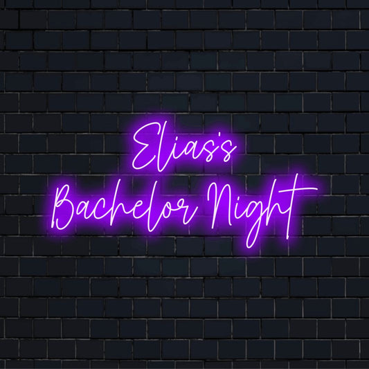 Elias_s Bachelor Night Custom Name Neon Sign, glowing lettering against brick backdrop