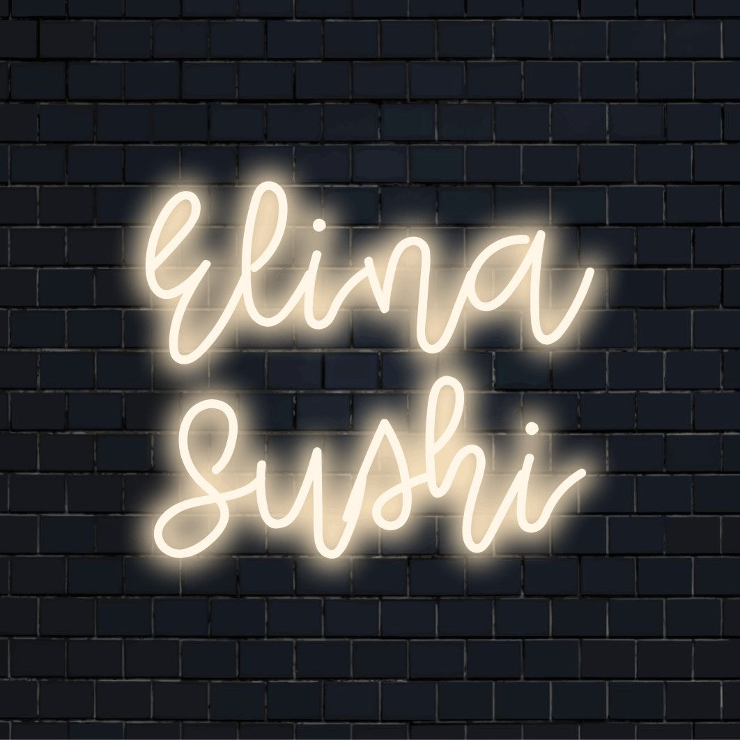 Elina Sushi Personalized LED Neon Sign, soft neon glow on dark brick wall