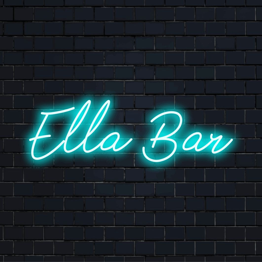 Ella Bar Personalized Neon Light with bright neon glow on dark brick wall