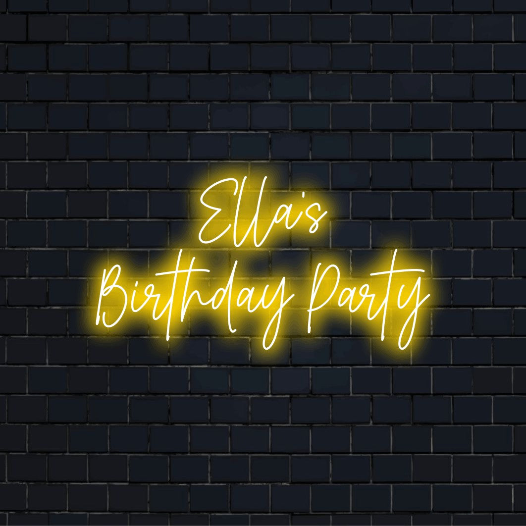 Ella_s Birthday Party Personalized Neon Light with soft neon glow against brick backdrop