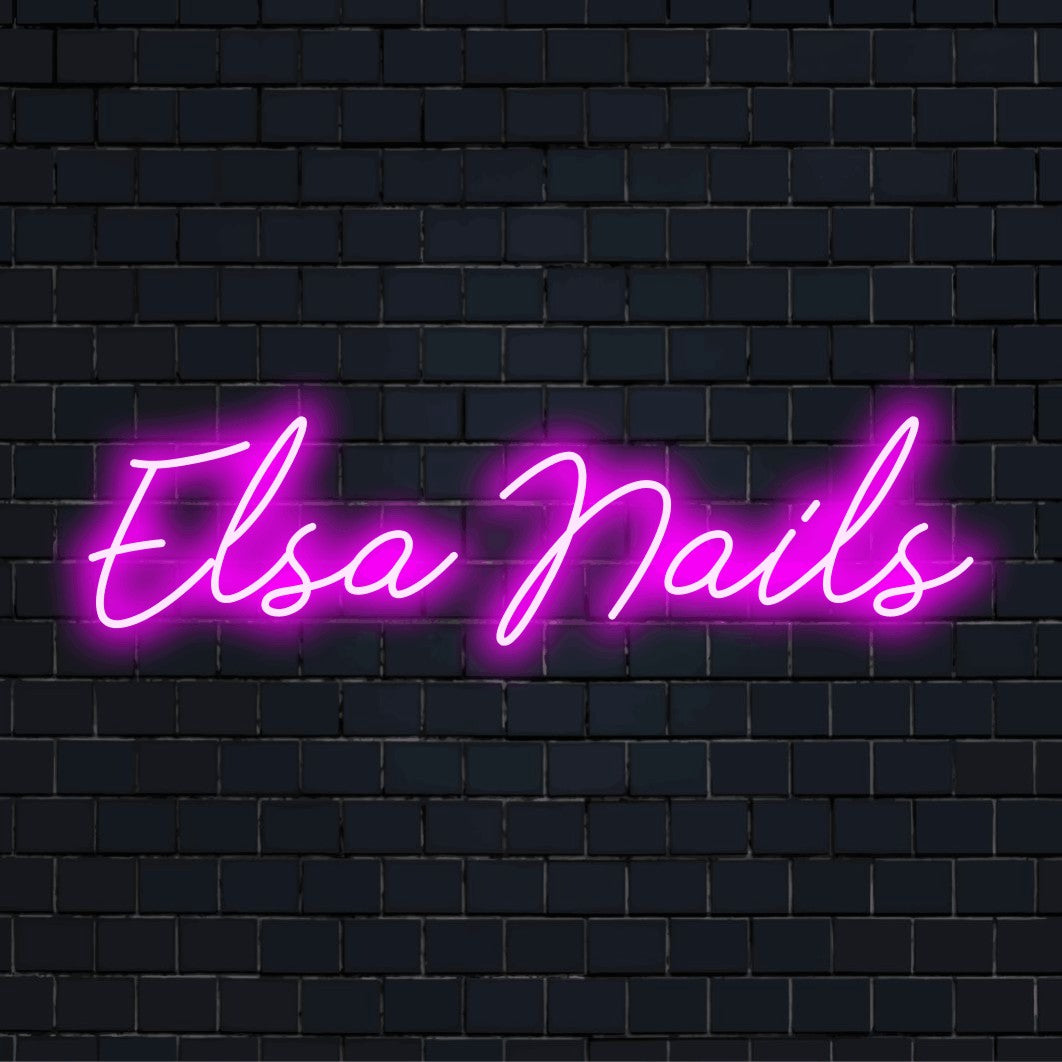 Elsa Nails Custom Name Neon Sign, glowing neon text against black brick wall