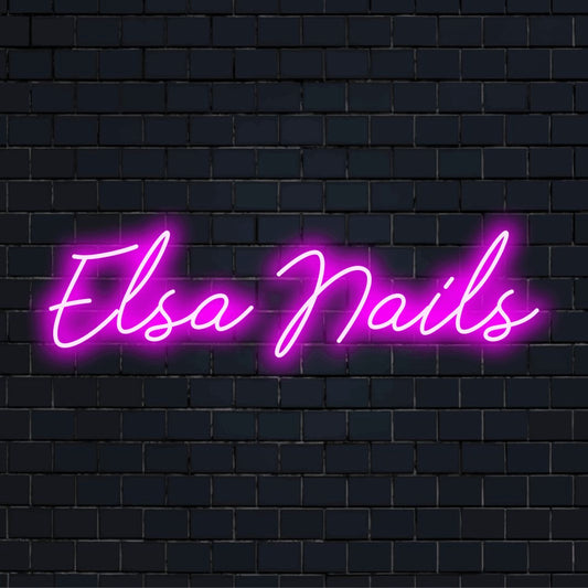 Elsa Nails Custom Name Neon Sign, glowing neon text against black brick wall