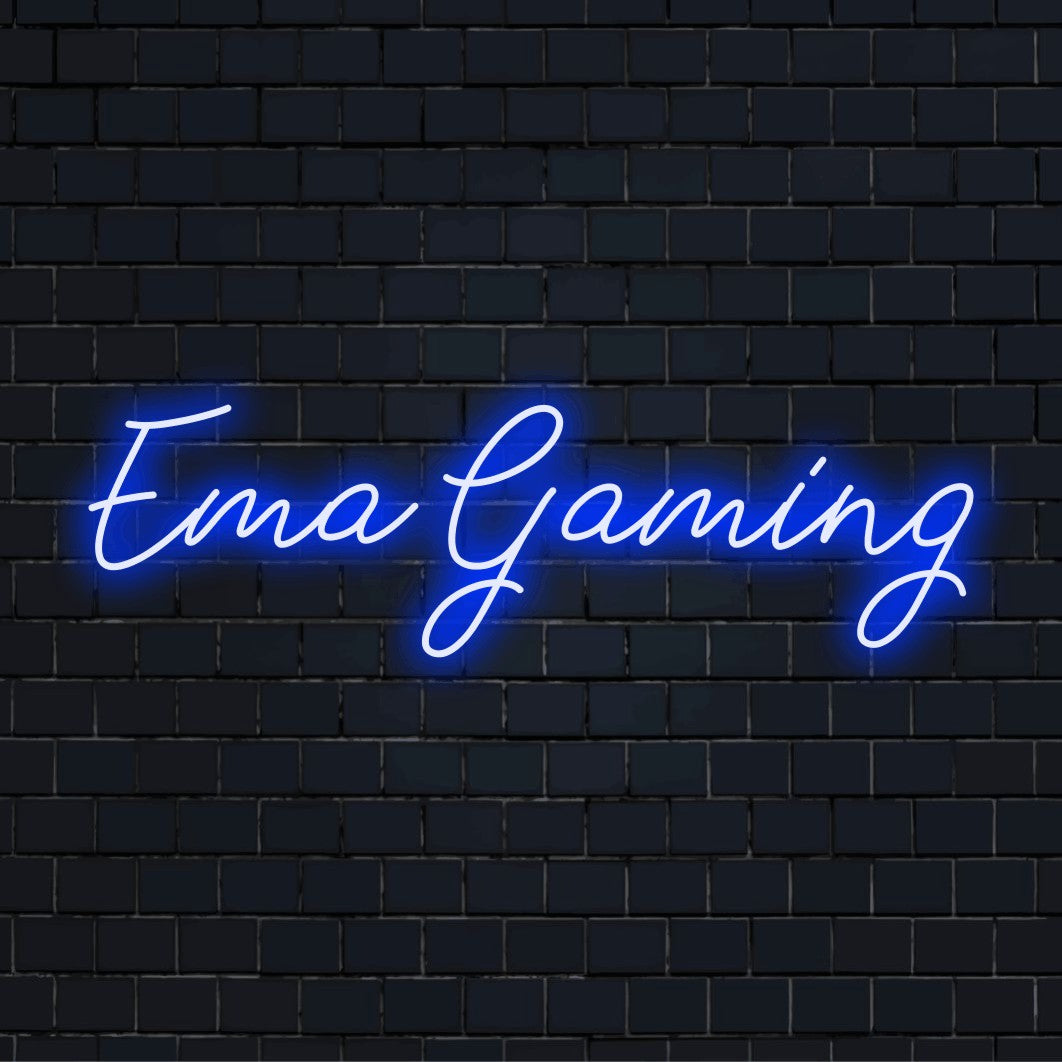 Ema Gaming Personalized LED Neon Sign, glowing lettering on black brick background