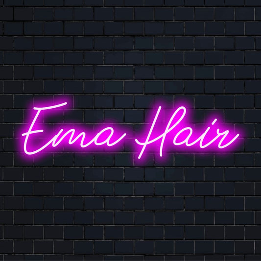 Ema Hair Personalized Neon Light with soft neon glow on dark brick wall