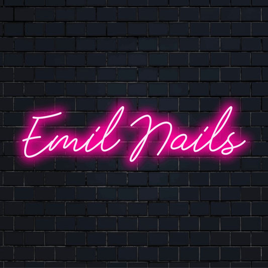 Emil Nails Personalized LED Neon Sign, glowing neon text on black brick background
