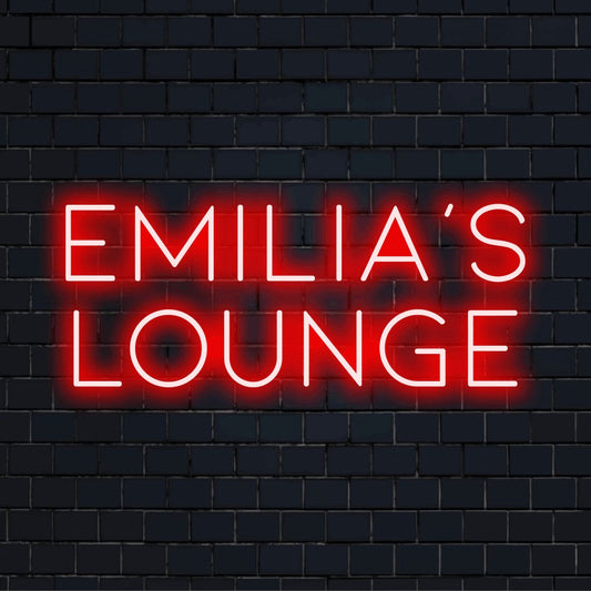 Emilia_s Lounge Personalized Neon Light with bright LED glow on dark brick background