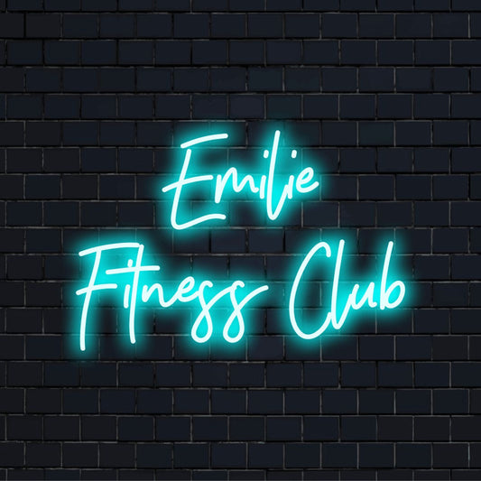 Emilie Fitness Club Custom Name Neon Sign, glowing wall decor on dark brick wall