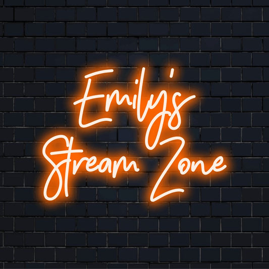 Emily_s Stream Zone Personalized Neon Light with bright neon glow on dark brick background