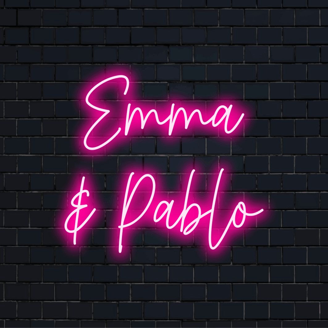 Emma _ Pablo Custom Name Neon Sign, neon text light on dark brick background