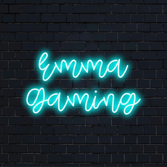 Emma Gaming Personalized LED Neon Sign, glowing neon text on dark brick wall