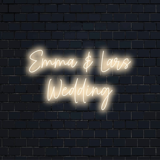 Emma _ Lars Wedding Personalized LED Neon Sign, glowing lettering on dark brick background