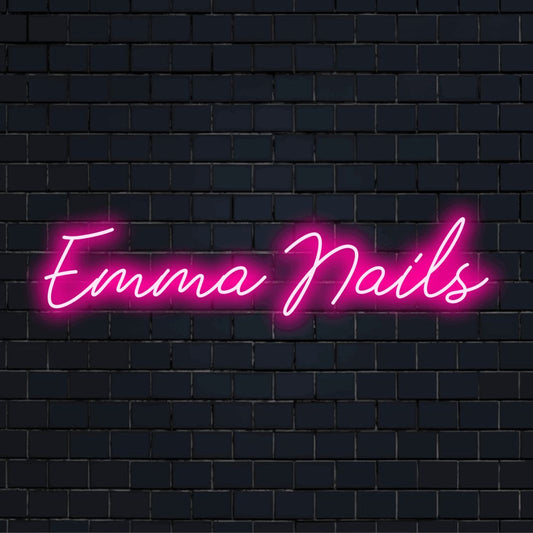 Emma Nails Personalized LED Neon Sign, bright neon glow on dark brick background