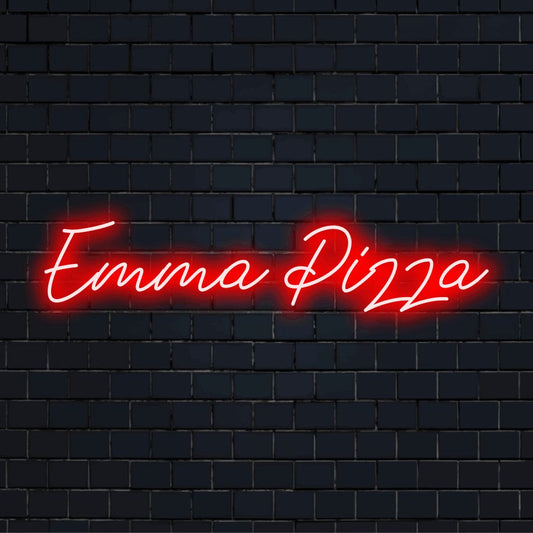 Emma Pizza Custom Name Neon Sign, soft neon glow on black brick background