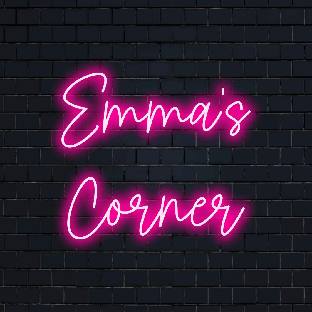 Emma_s Corner Personalized LED Neon Sign, bright neon lettering on dark brick background