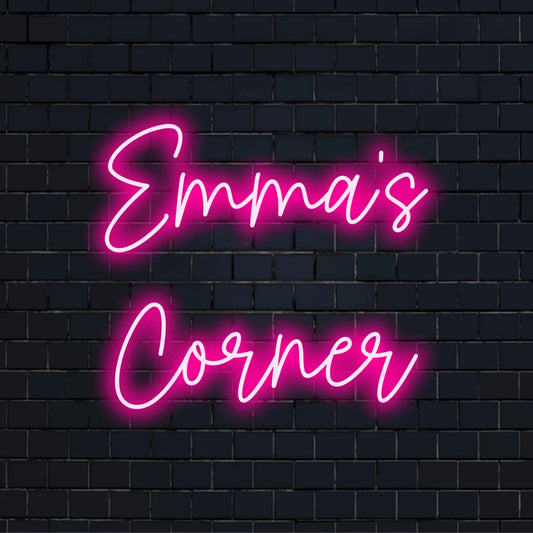 Emma_s Corner Personalized LED Neon Sign, bright neon lettering on dark brick background