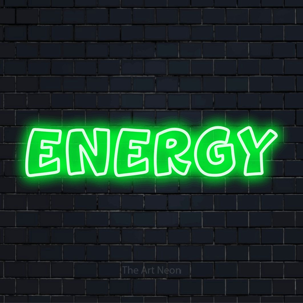 "Energy" glowing LED neon sign on a black brick wall