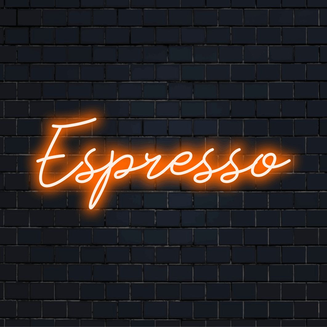 Espresso Neon Sign, bright LED glow against brick backdrop