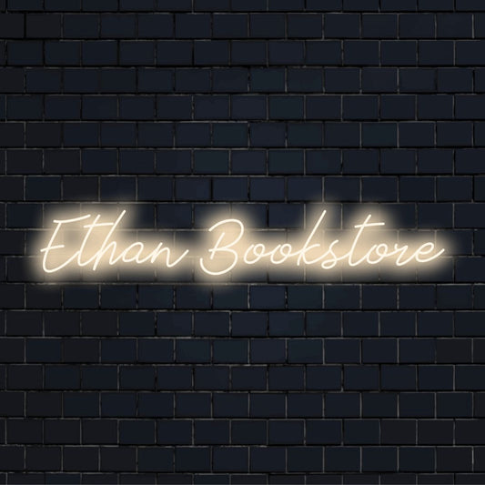 Ethan Bookstore Custom Name Neon Sign, bright LED glow on black brick background
