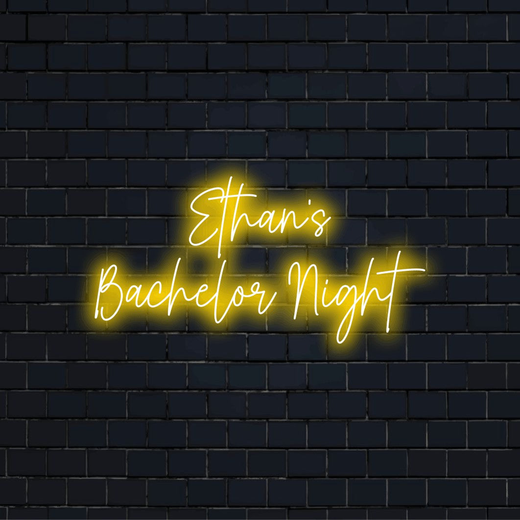 Ethan_s Bachelor Night Custom Name Neon Sign, bright neon lettering on dark brick background