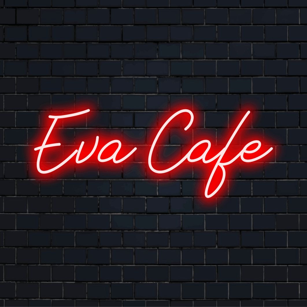 Eva Cafe Custom Name Neon Sign, glowing neon text against brick backdrop