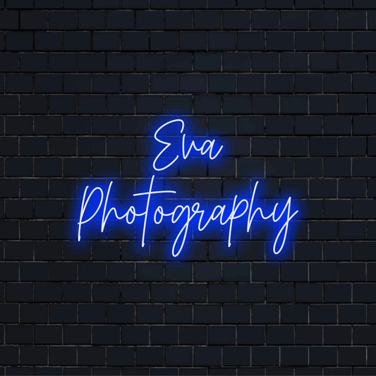 Eva Photography Custom Name Neon Sign, bright LED glow on black brick background