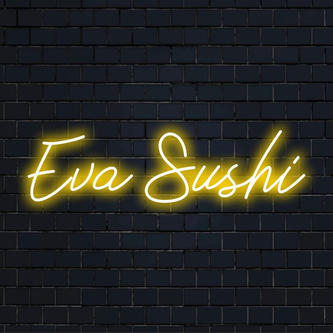 Eva Sushi Personalized Neon Light with bright LED glow on dark brick background