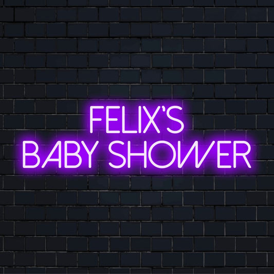 Felix_s Baby Shower Custom Name Neon Sign, glowing neon text on black brick background