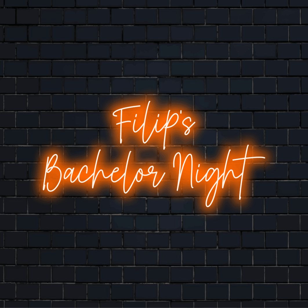 Filip_s Bachelor Night Custom Name Neon Sign, soft neon glow on black brick background