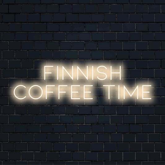Finnish Coffee Time Neon Light with bright neon glow on black brick background