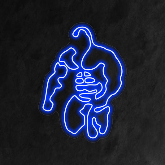 Bodybuilder man silhouette highlighted with blue neon light showing off his muscles.