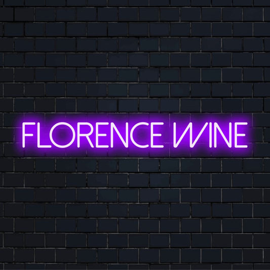 Florence Wine Neon Sign, glowing neon text against brick backdrop