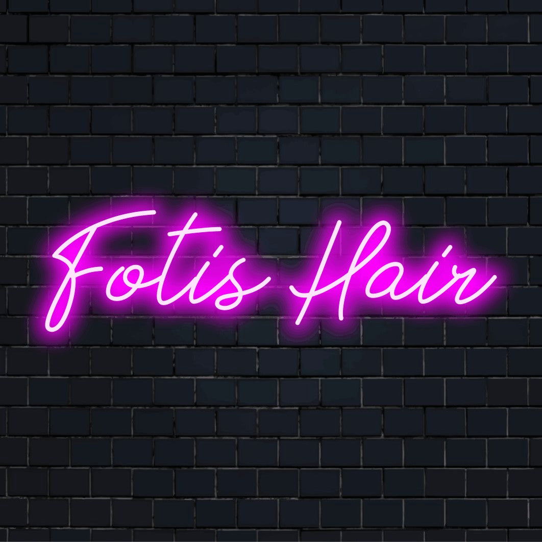 Fotis Hair Personalized LED Neon Sign, bright neon glow on black brick background