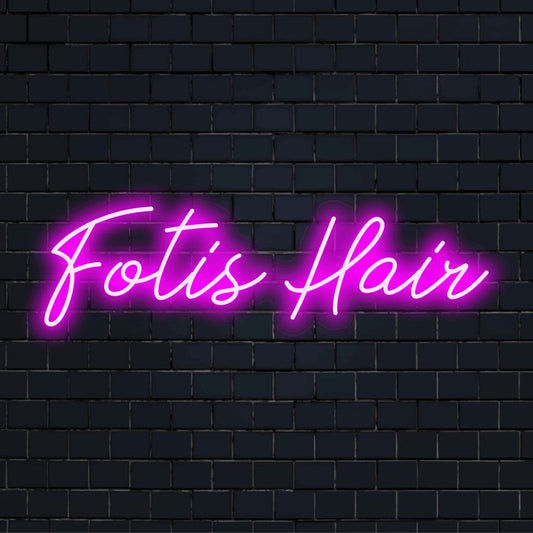 Fotis Hair Personalized LED Neon Sign, bright neon glow on black brick background