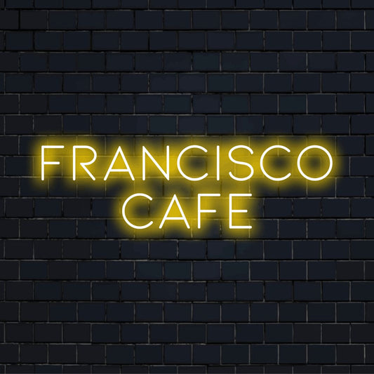 Francisco Cafe Custom Name Neon Sign, bright neon glow on dark brick background