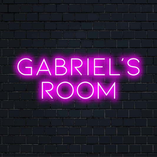 Gabriel_s Room Personalized LED Neon Sign, glowing lettering against black brick wall