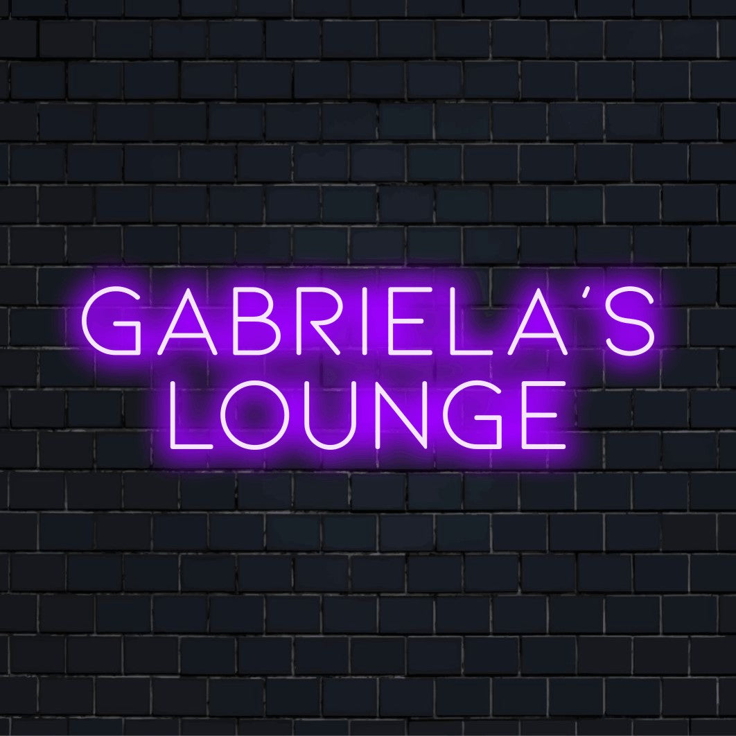 Gabriela_s Lounge Personalized LED Neon Sign, soft neon glow on dark brick background