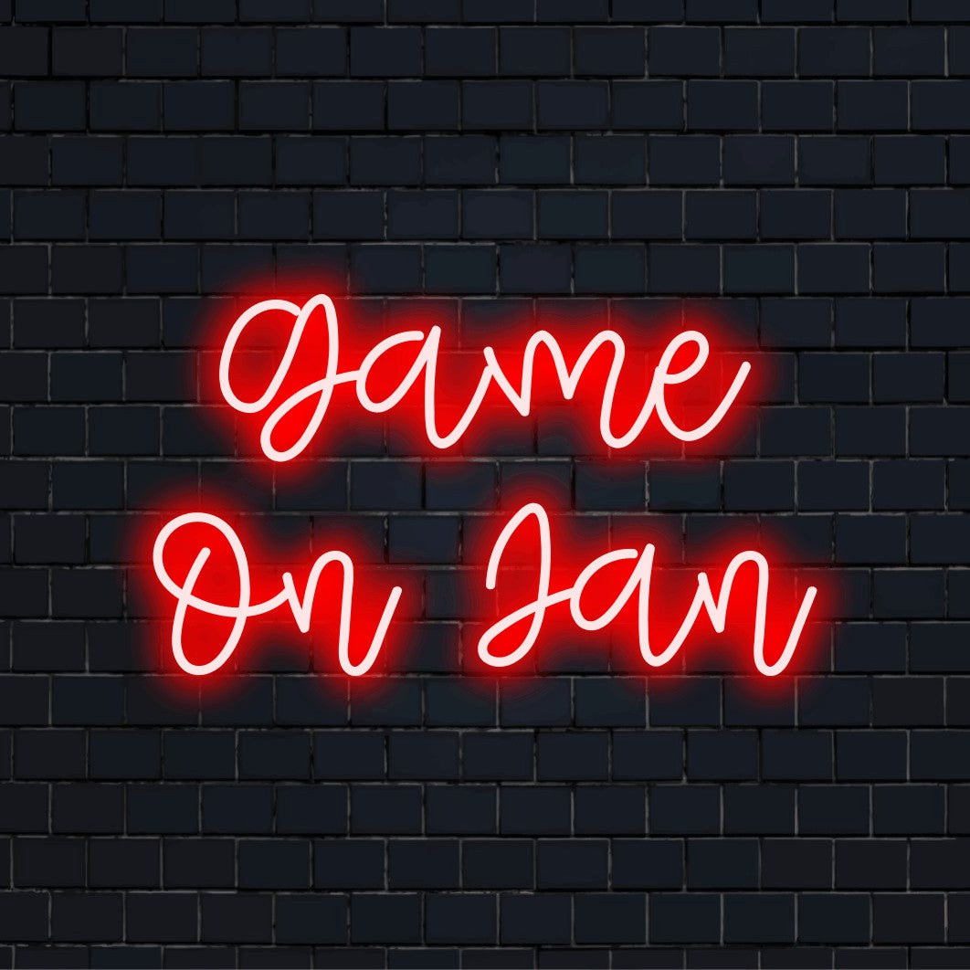 Game On Jan Custom Name Neon Sign, glowing wall decor against brick backdrop