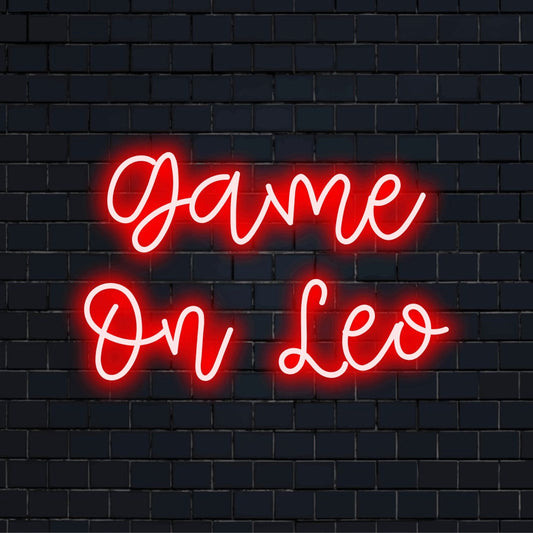 Game On Leo Personalized LED Neon Sign, neon text light on dark brick background