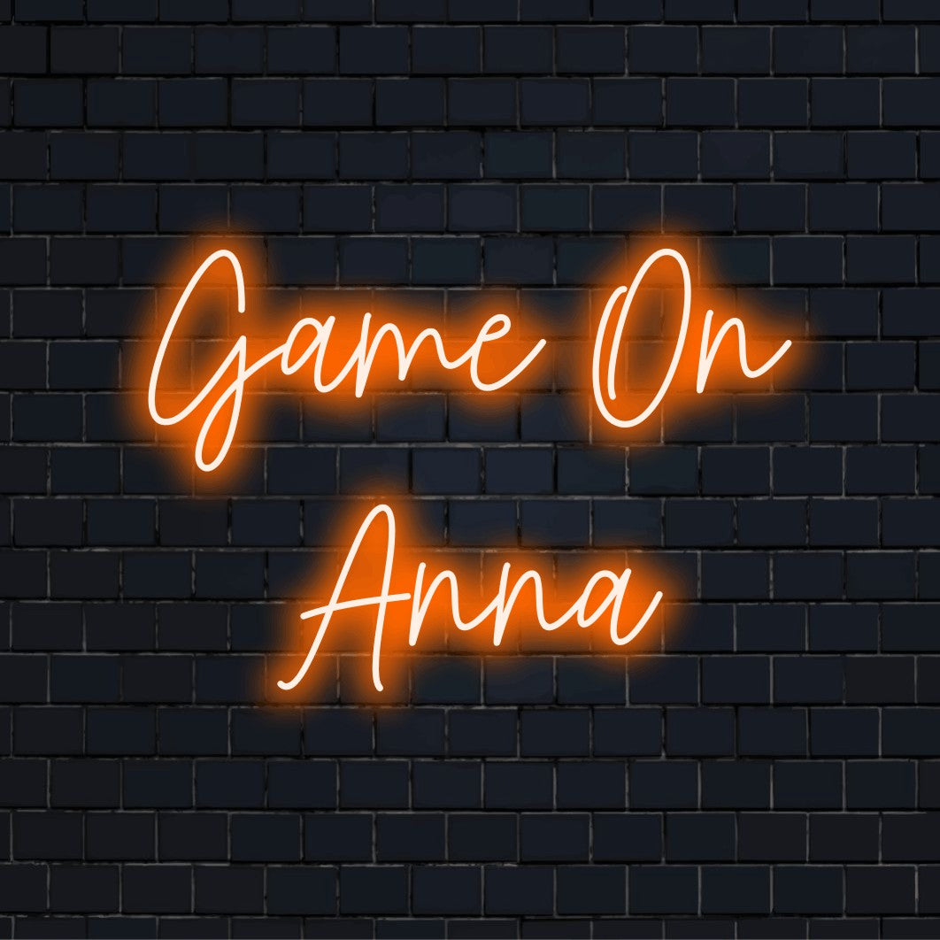 Game On Anna Custom Name Neon Sign, neon text light against brick backdrop