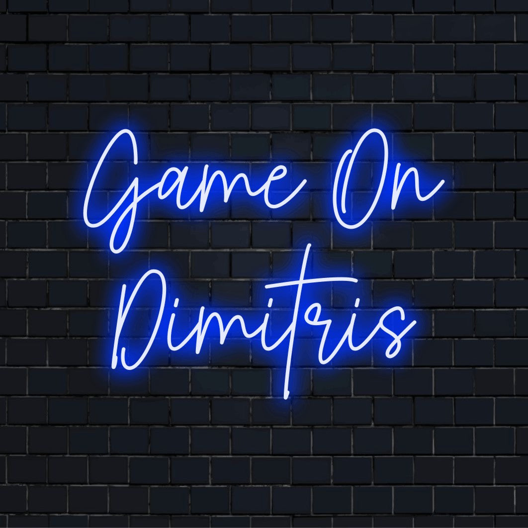 Game On Dimitris Personalized LED Neon Sign, bright LED glow on dark brick background