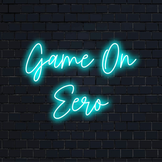 Game On Eero Custom Name Neon Sign, glowing wall decor on dark brick wall