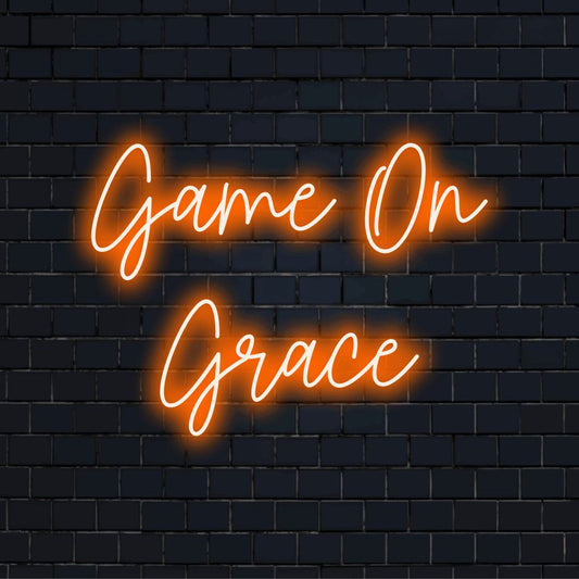 Game On Grace Personalized LED Neon Sign, glowing wall decor on dark brick wall