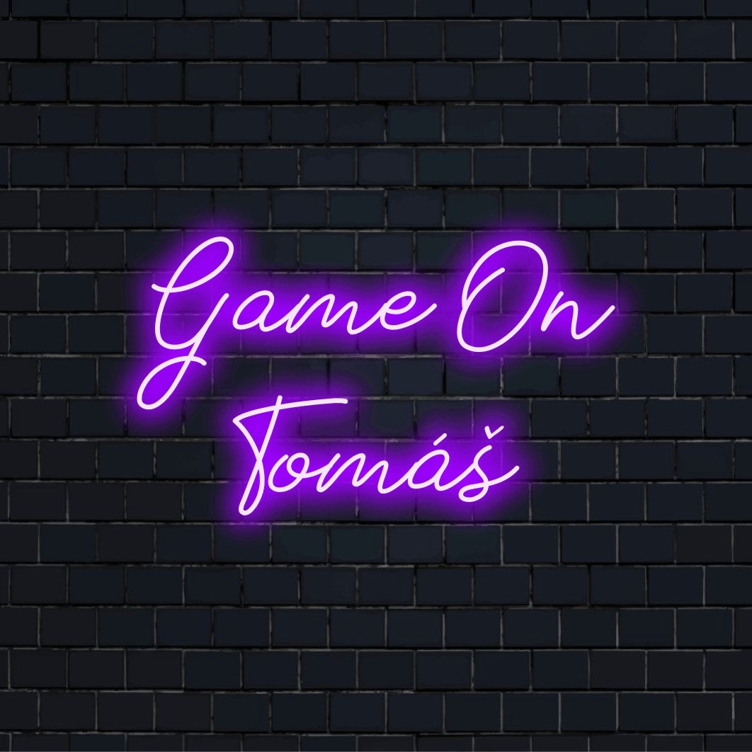 Game On Tomas Custom Name Neon Sign, soft neon glow on dark brick wall