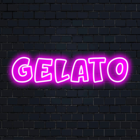 Gelato Neon Sign, neon text light against brick backdrop