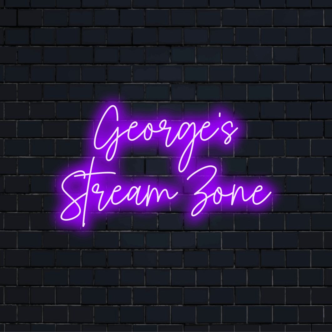 George_s Stream Zone Personalized Neon Light with bright neon glow against brick backdrop