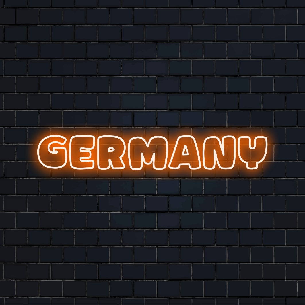 Germany LED Neon Sign, bright neon lettering against brick backdrop