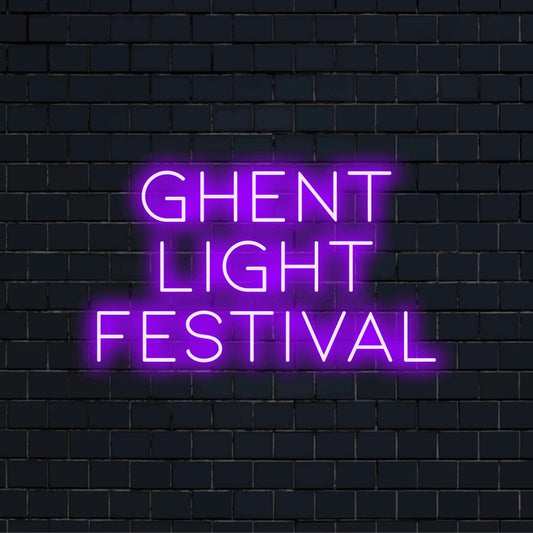 Ghent Light Festival Neon Light with bright LED glow against black brick wall