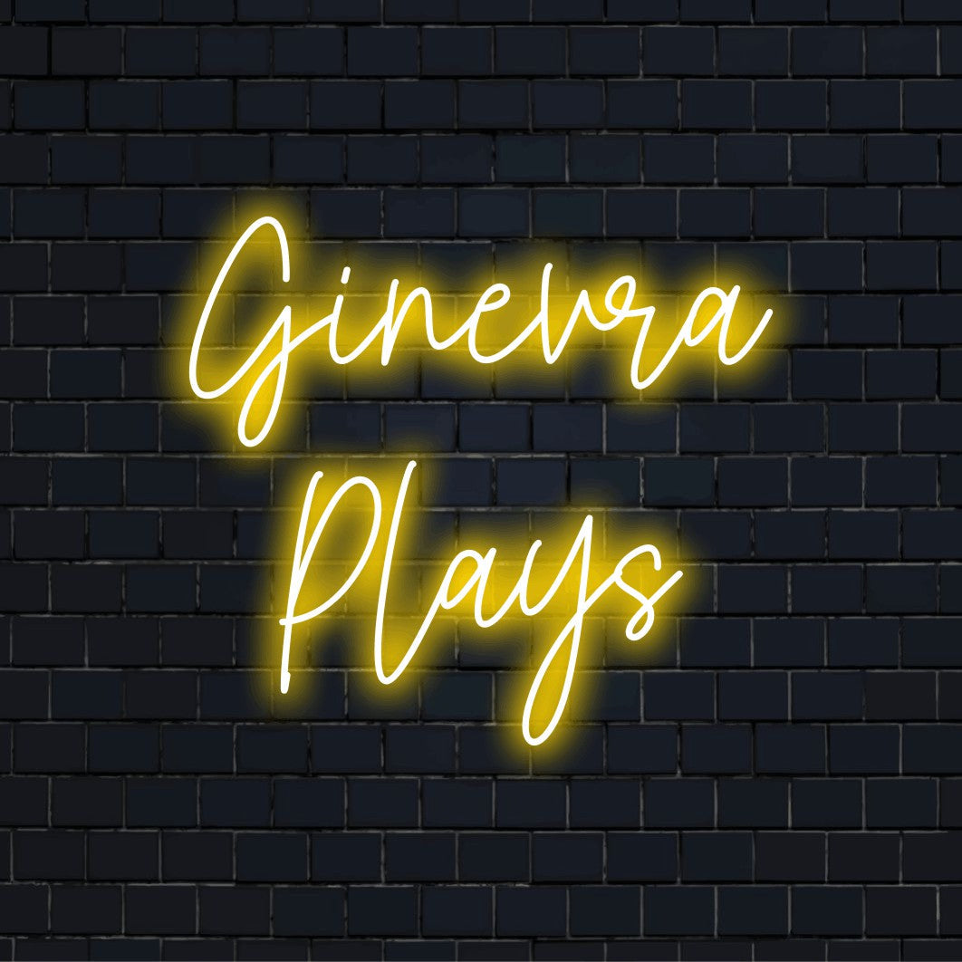 Ginevra Plays Custom Name Neon Sign, bright neon glow on dark brick wall