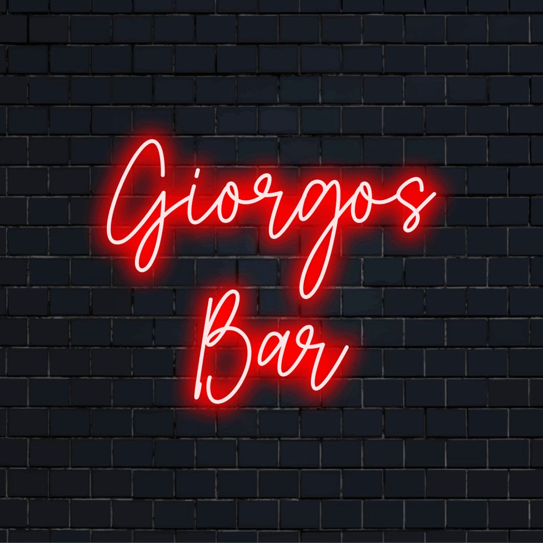 Giorgos Bar Personalized LED Neon Sign, bright LED glow on dark brick wall